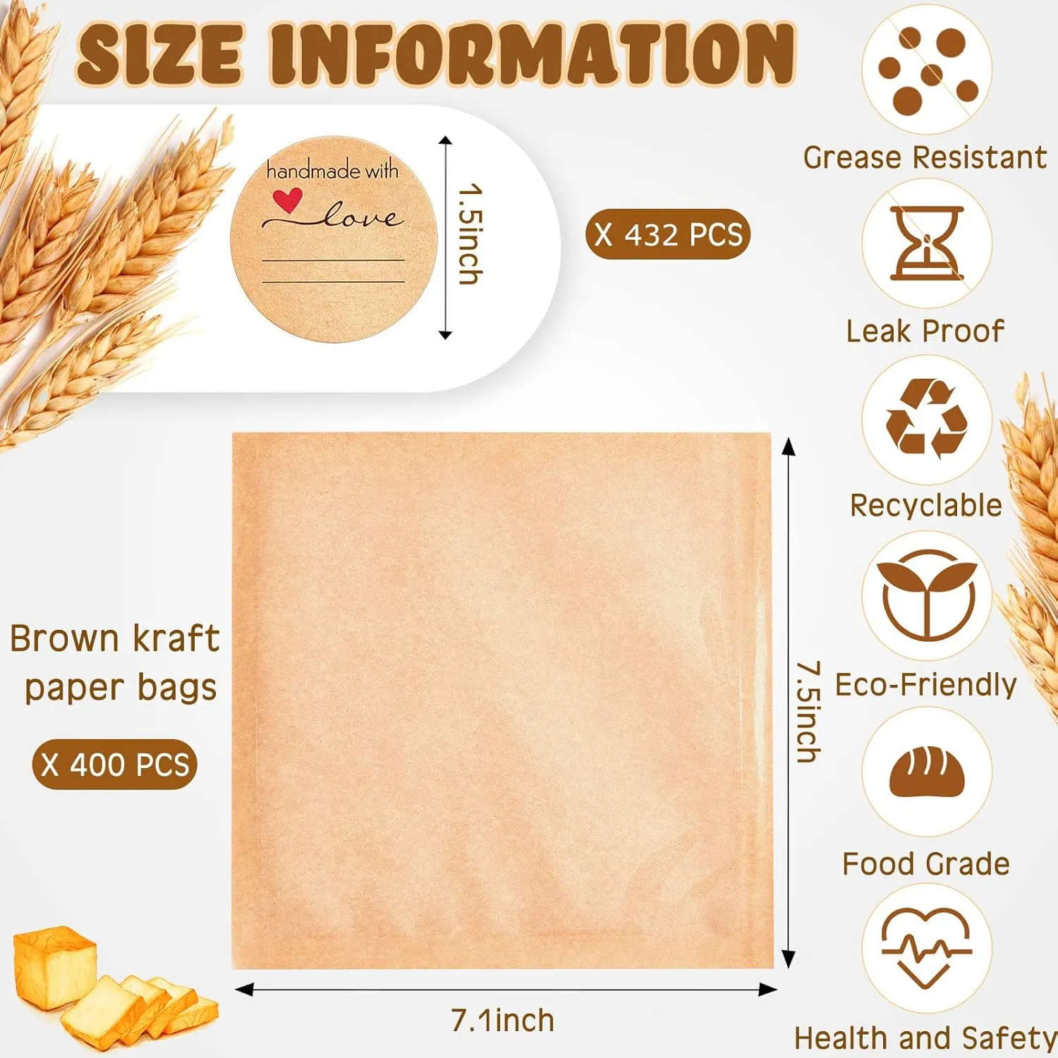 Outus 400 Pcs Heat Sealable Cookie Bags with Window Grease Resistant Kraft Bakery Pastry Bags with Paper Stickers for Packaging Donut Bread Cookie Goods Sandwich Baked Treat (7.1 x 7.5 Inch)