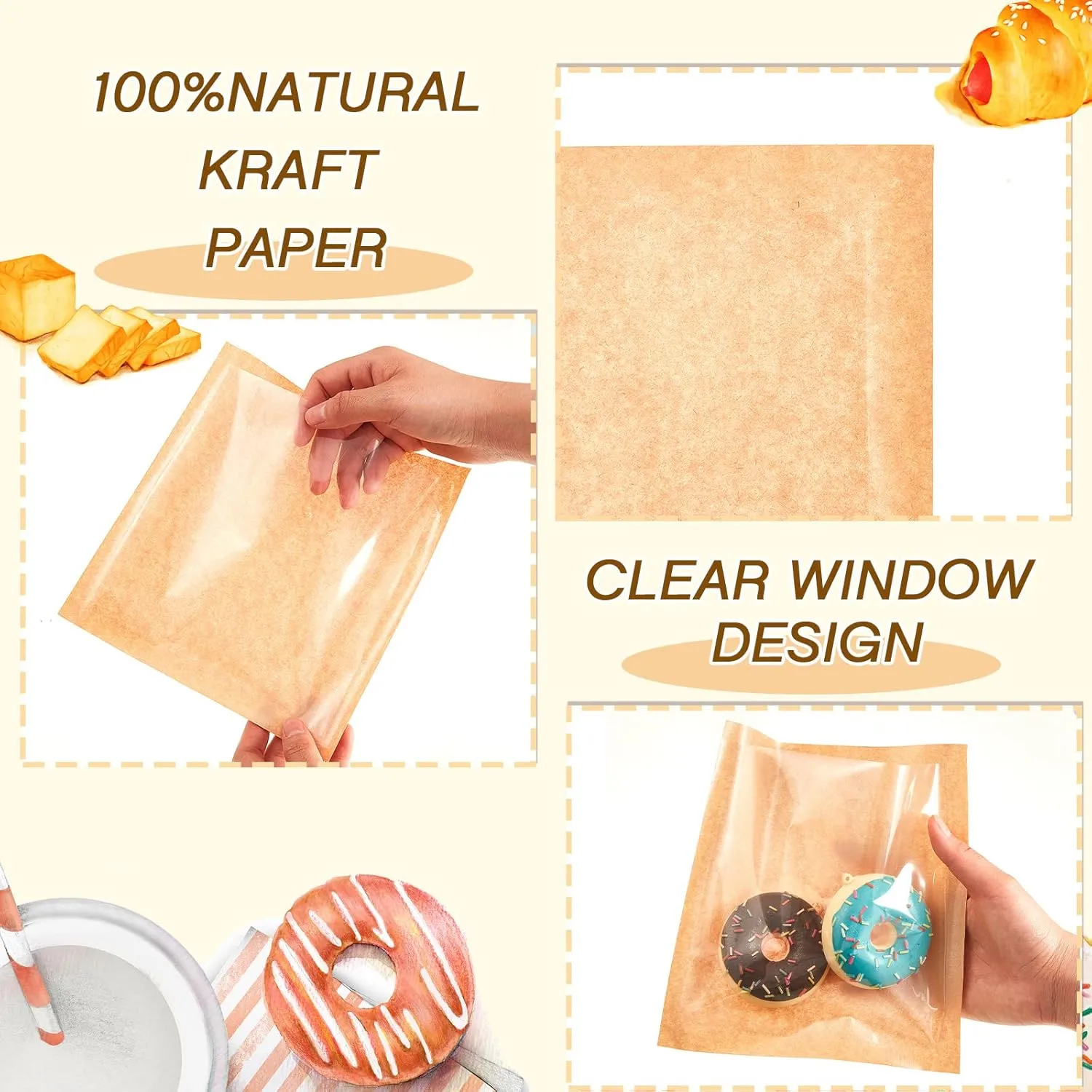 Outus 400 Pcs Heat Sealable Cookie Bags with Window Grease Resistant Kraft Bakery Pastry Bags with Paper Stickers for Packaging Donut Bread Cookie Goods Sandwich Baked Treat (7.1 x 7.5 Inch)
