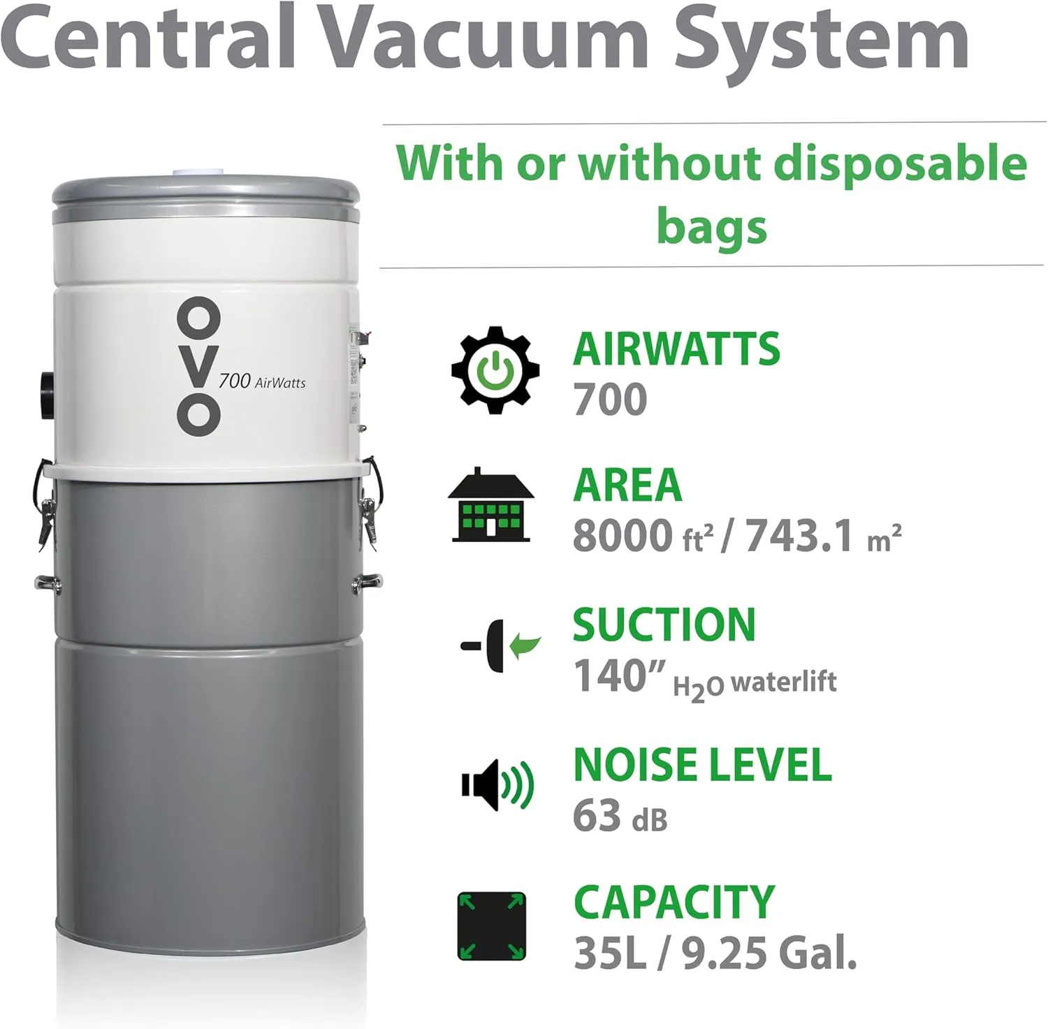 OVO Heavy Duty Powerful Central Vacuum System, Hybrid Filtration (with or Without Disposable Bags) 35L or 9.25Gal, 700 Airwatts with 30ft Carpet Deluxe Accessory Kit Included