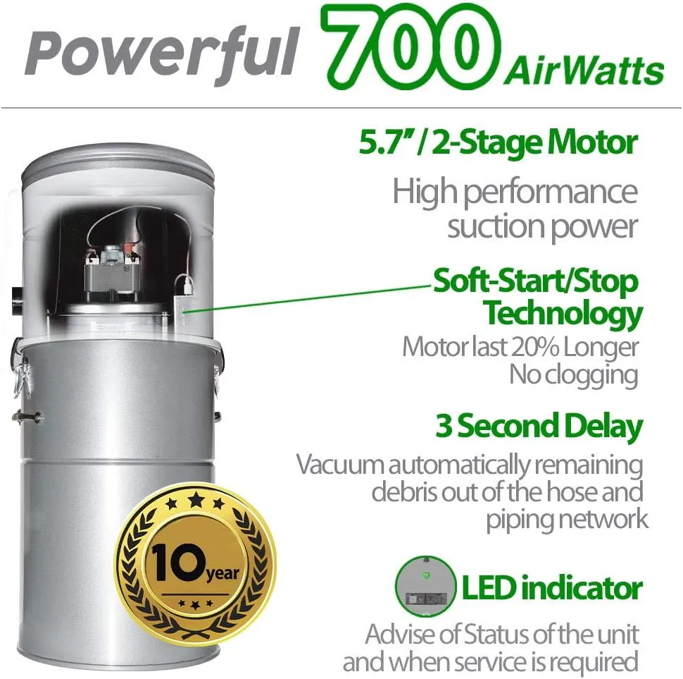 OVO Heavy Duty Powerful Central Vacuum System, Hybrid Filtration (with or Without Disposable Bags) 35L or 9.25Gal, 700 Airwatts with 30ft Carpet Deluxe Accessory Kit Included