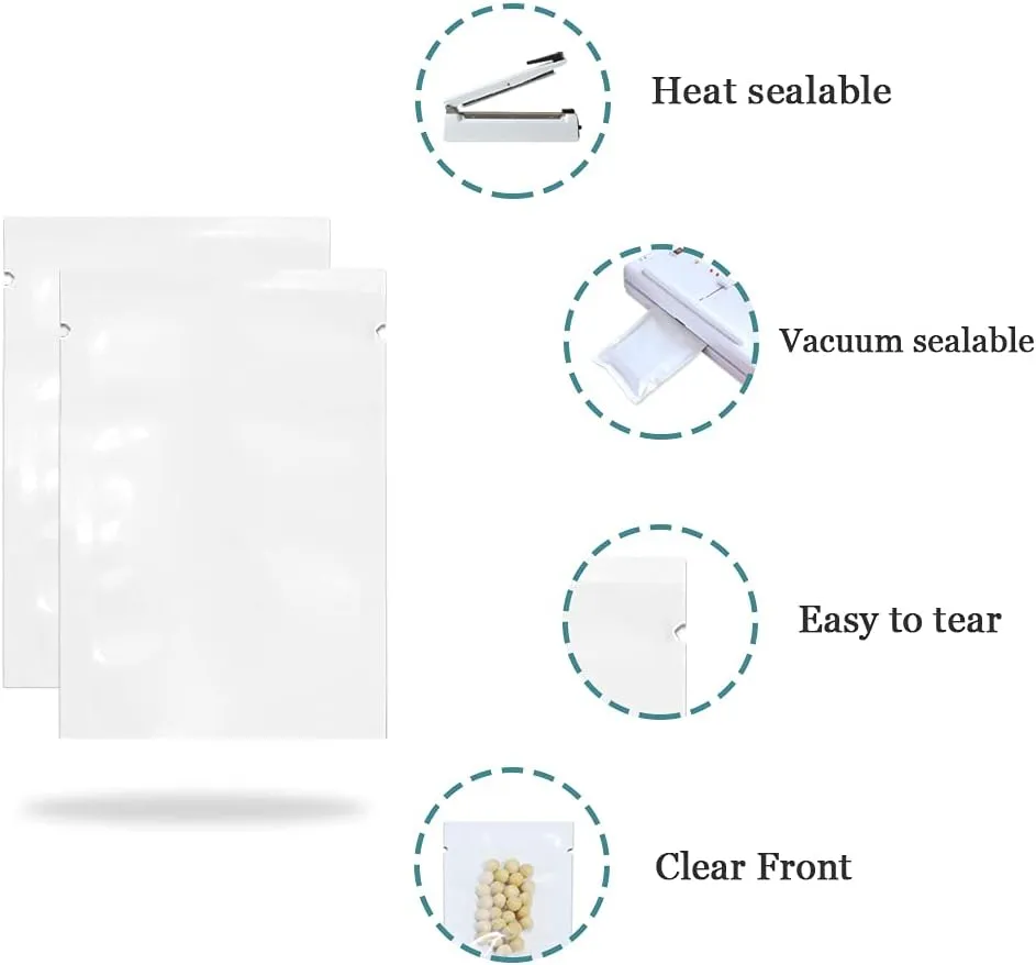 PABCK 100 Pack 6.3x9.4 inch (Usable Size 5.9x9.05 inch) White Clear Front Open Top 2.8mil Plastic Vacuum Pouch Heat Sealable Bags for Food Storage Packets Mini Sample with Tear Notches