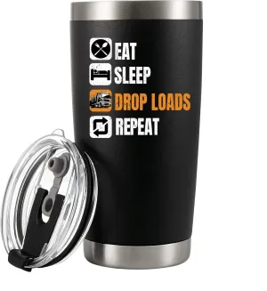 Panvola Eat Sleep Drop Load Repeat Truck Driver Gifts for Men Women Trucker Gifts For Boyfriend Husband Dad Vacuum Insulated Tumbler Stainless Steel With Straw And Removable Lid 20 oz Black
