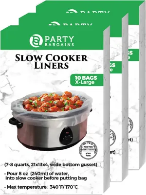 Party Bargains 30 Bags Slow Cooker Liners - Fits 7-8 Quarts, 21 x 4 x 13 Inches, 4" Wide Gusset, X-Large Crock Pot Liners, Multi Use Cooking Bags, Sous Vide