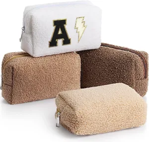 Paterr 4 Pcs Fuzzy Makeup Bag Set Bridesmaid Gift Plush Cosmetic Sherpa Pouch Zipper Travel Toiletry Bag for for Wedding Party Favors Bachelorette Party for Women(White Brown Colors)