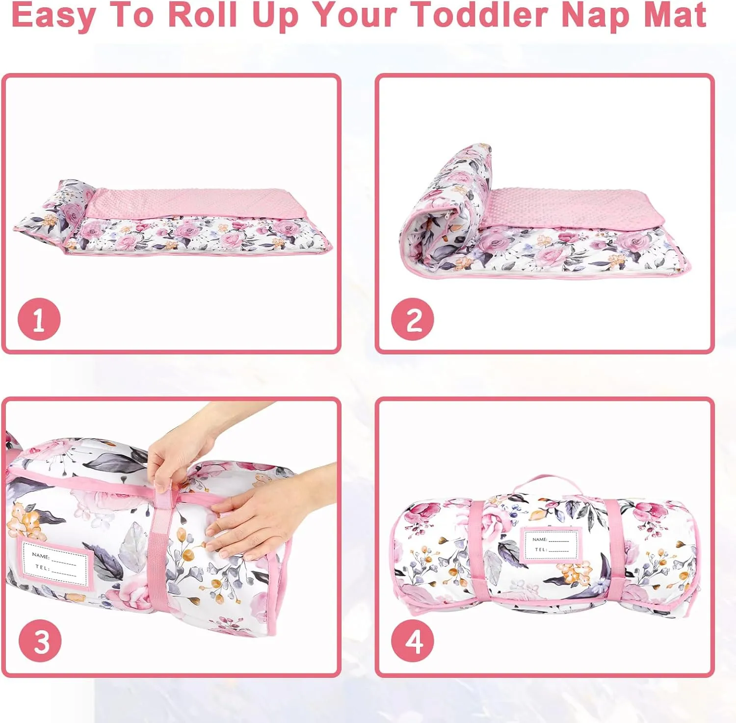 Pea Pod Toddler Nap Mat with Pillow & Fleece Blanket Ultra Soft Kids Rolled Napping Mats for Daycare, Preschool-Kindergarten, Extra Large Slumber Bags for Boys Girls, Fits Ages 3-7 Years (Floral)