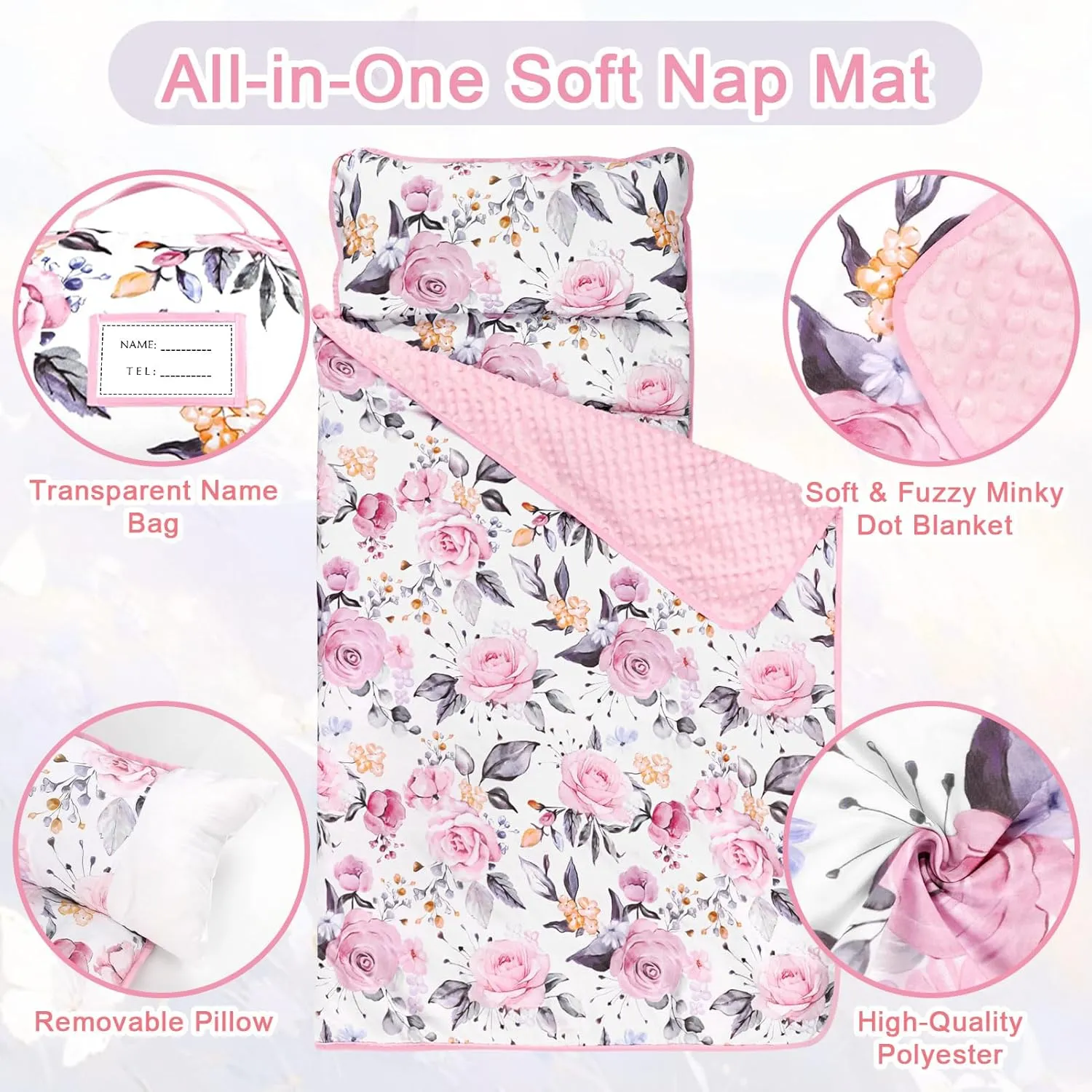 Pea Pod Toddler Nap Mat with Pillow & Fleece Blanket Ultra Soft Kids Rolled Napping Mats for Daycare, Preschool-Kindergarten, Extra Large Slumber Bags for Boys Girls, Fits Ages 3-7 Years (Floral)