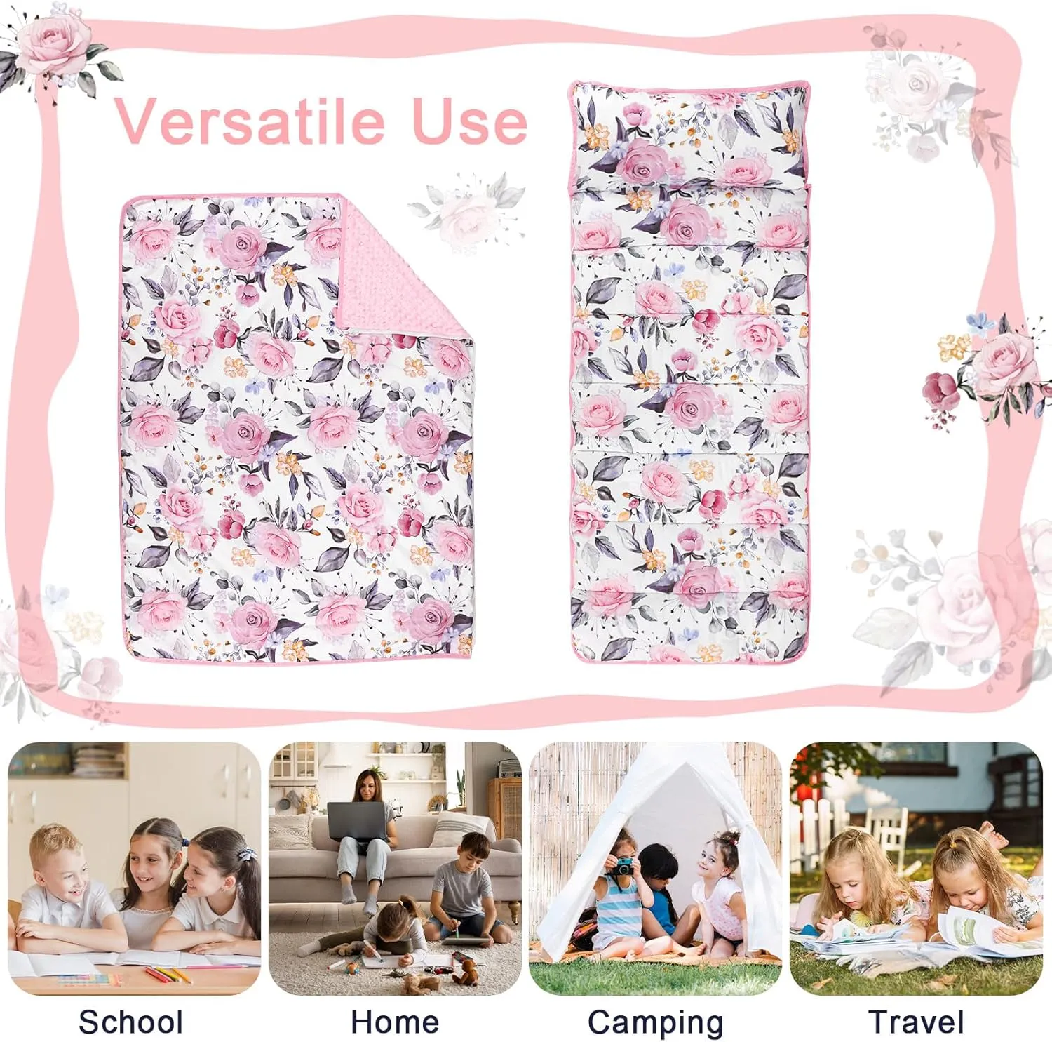 Pea Pod Toddler Nap Mat with Pillow & Fleece Blanket Ultra Soft Kids Rolled Napping Mats for Daycare, Preschool-Kindergarten, Extra Large Slumber Bags for Boys Girls, Fits Ages 3-7 Years (Floral)