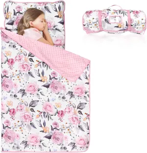 Pea Pod Toddler Nap Mat with Pillow & Fleece Blanket Ultra Soft Kids Rolled Napping Mats for Daycare, Preschool-Kindergarten, Extra Large Slumber Bags for Boys Girls, Fits Ages 3-7 Years (Floral)