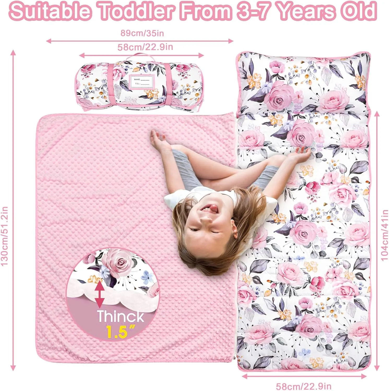 Pea Pod Toddler Nap Mat with Pillow & Fleece Blanket Ultra Soft Kids Rolled Napping Mats for Daycare, Preschool-Kindergarten, Extra Large Slumber Bags for Boys Girls, Fits Ages 3-7 Years (Floral)