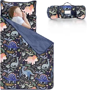 Pea Pod Toddler Nap Mat with Pillow & Fleece Blanket Ultra Soft Kids Rolled Napping Mats for Daycare, Preschool-Kindergarten, Slumber Bags for Boys Girls, Fits Ages 3-7 Years (Dinosaur)