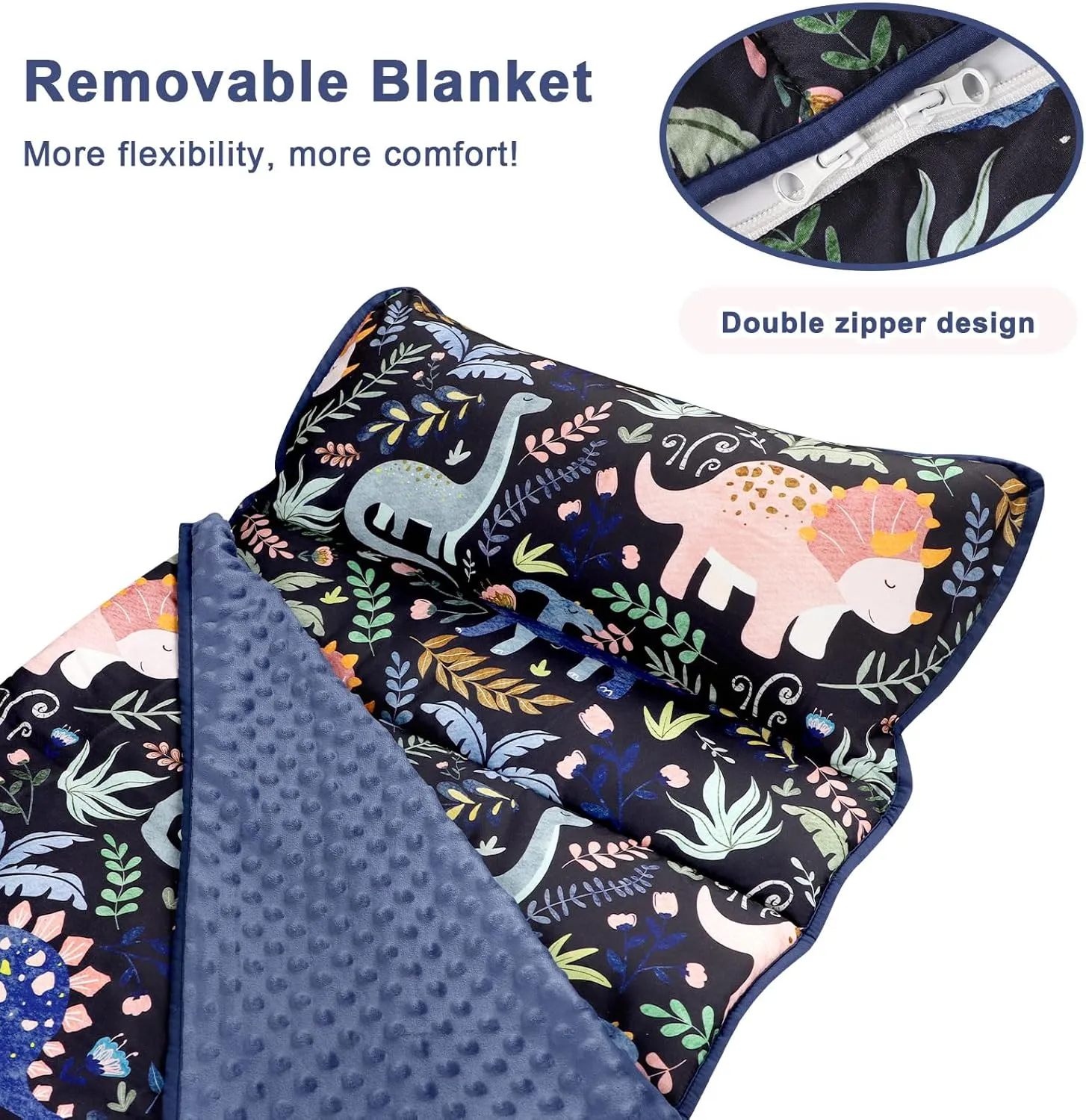 Pea Pod Toddler Nap Mat with Pillow & Fleece Blanket Ultra Soft Kids Rolled Napping Mats for Daycare, Preschool-Kindergarten, Slumber Bags for Boys Girls, Fits Ages 3-7 Years (Dinosaur)