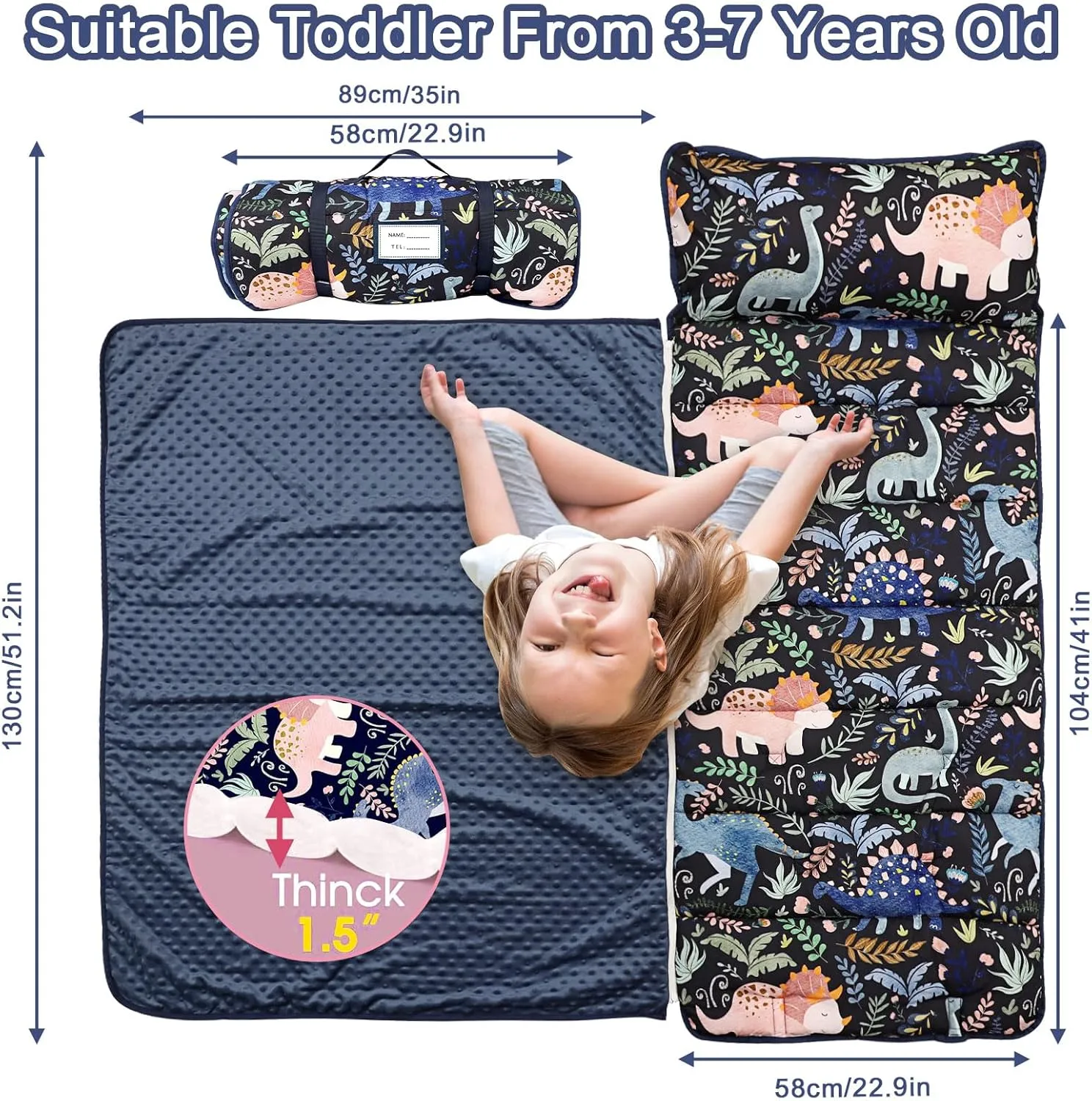 Pea Pod Toddler Nap Mat with Pillow & Fleece Blanket Ultra Soft Kids Rolled Napping Mats for Daycare, Preschool-Kindergarten, Slumber Bags for Boys Girls, Fits Ages 3-7 Years (Dinosaur)