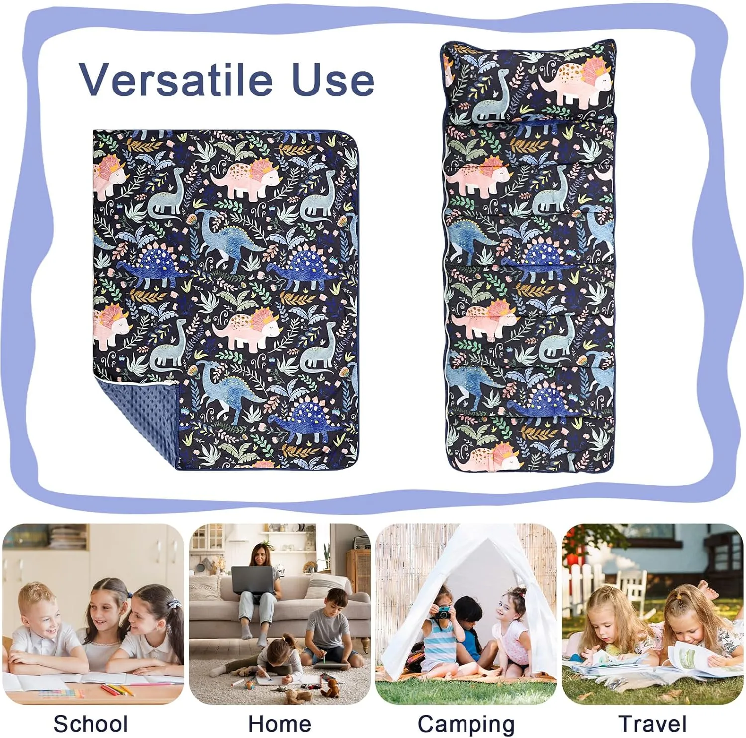 Pea Pod Toddler Nap Mat with Pillow & Fleece Blanket Ultra Soft Kids Rolled Napping Mats for Daycare, Preschool-Kindergarten, Slumber Bags for Boys Girls, Fits Ages 3-7 Years (Dinosaur)