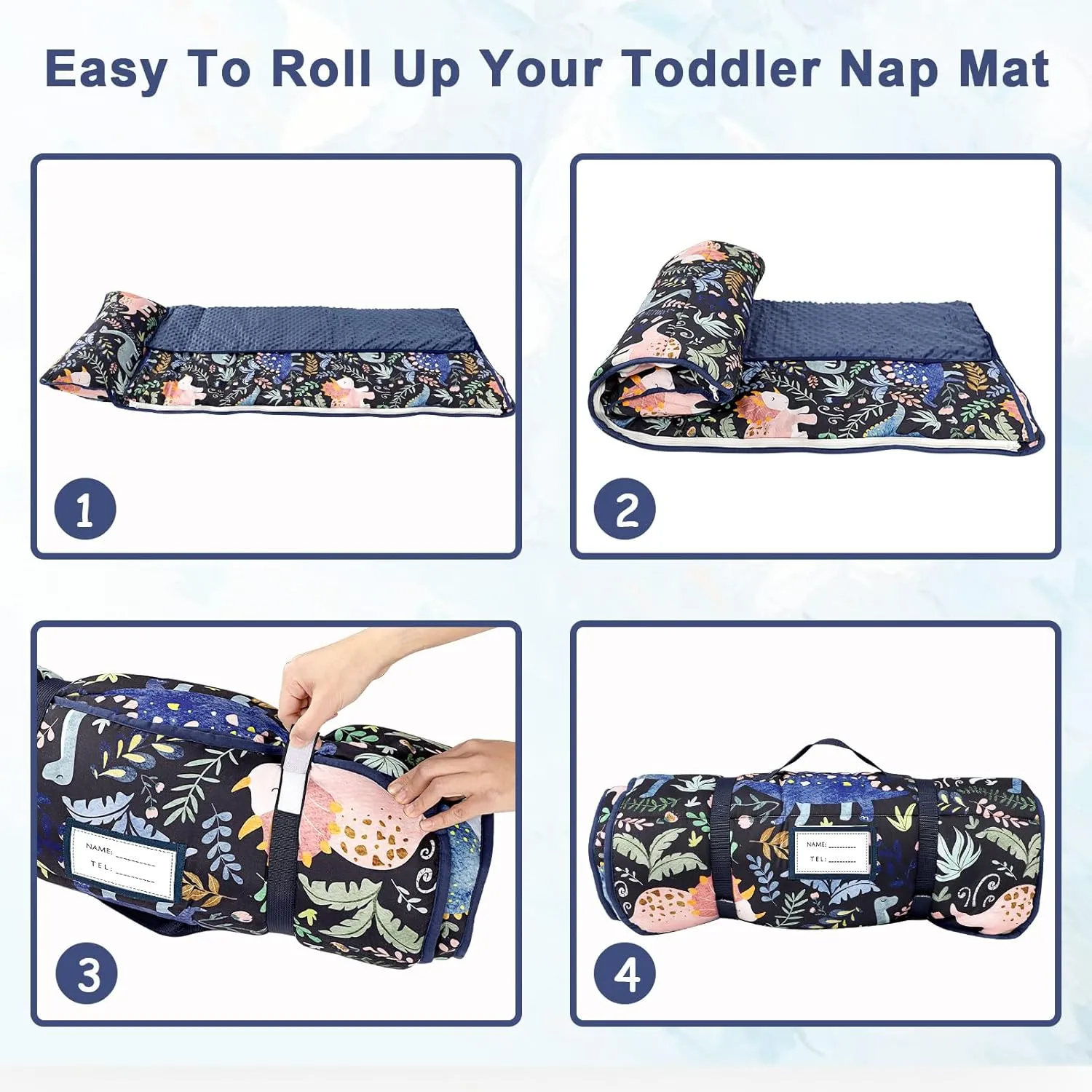 Pea Pod Toddler Nap Mat with Pillow & Fleece Blanket Ultra Soft Kids Rolled Napping Mats for Daycare, Preschool-Kindergarten, Slumber Bags for Boys Girls, Fits Ages 3-7 Years (Dinosaur)