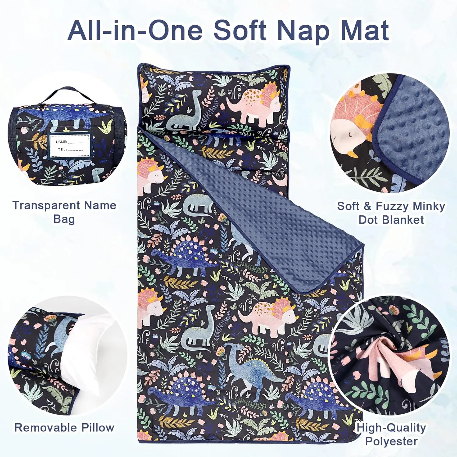 Pea Pod Toddler Nap Mat with Pillow & Fleece Blanket Ultra Soft Kids Rolled Napping Mats for Daycare, Preschool-Kindergarten, Slumber Bags for Boys Girls, Fits Ages 3-7 Years (Dinosaur)