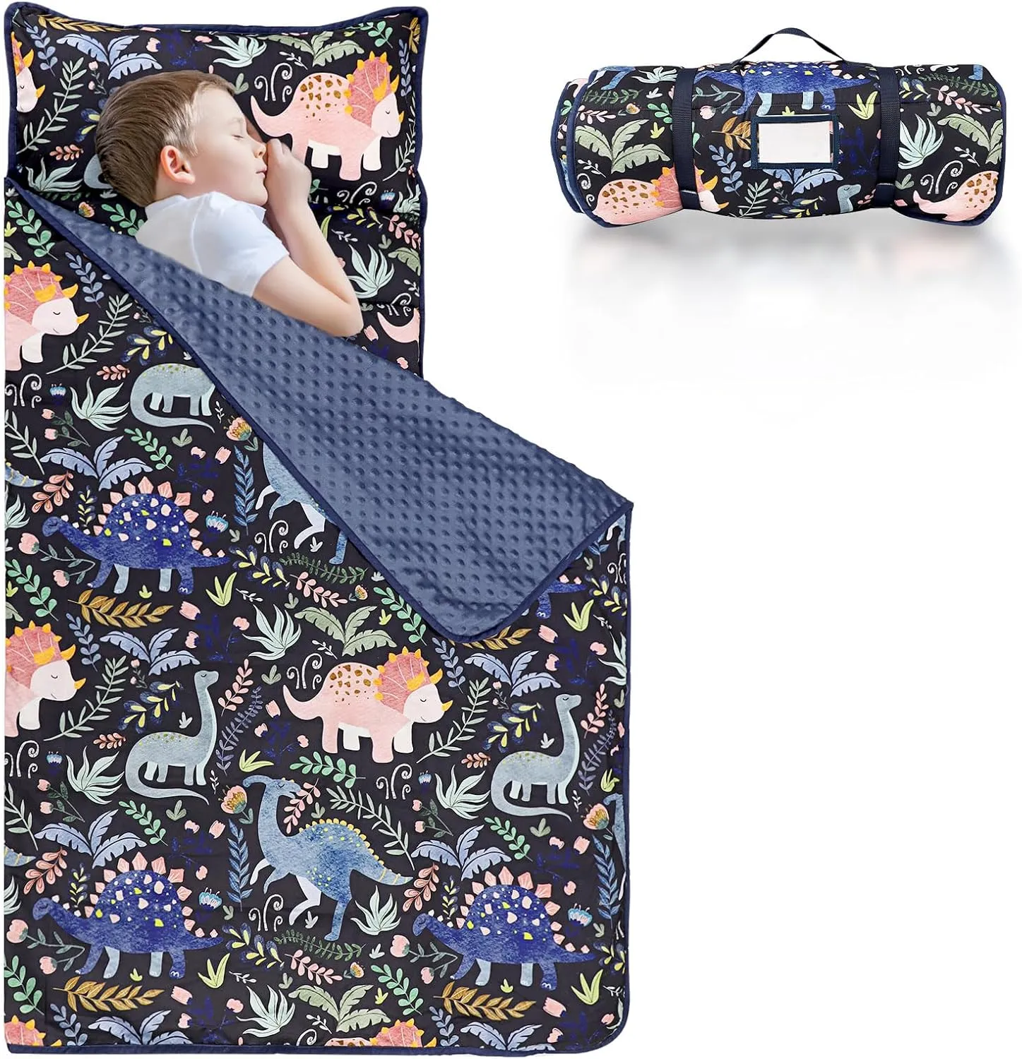 Pea Pod Toddler Nap Mat with Pillow & Fleece Blanket Ultra Soft Kids Rolled Napping Mats for Daycare, Preschool-Kindergarten, Slumber Bags for Boys Girls, Fits Ages 3-7 Years (Dinosaur)