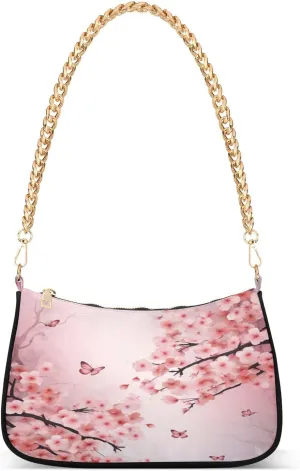 Peach Blossom Butterfly Shoulder Bag for Women, Handbag with Chain Strap, Soft Purse Tote Bag for Ladies