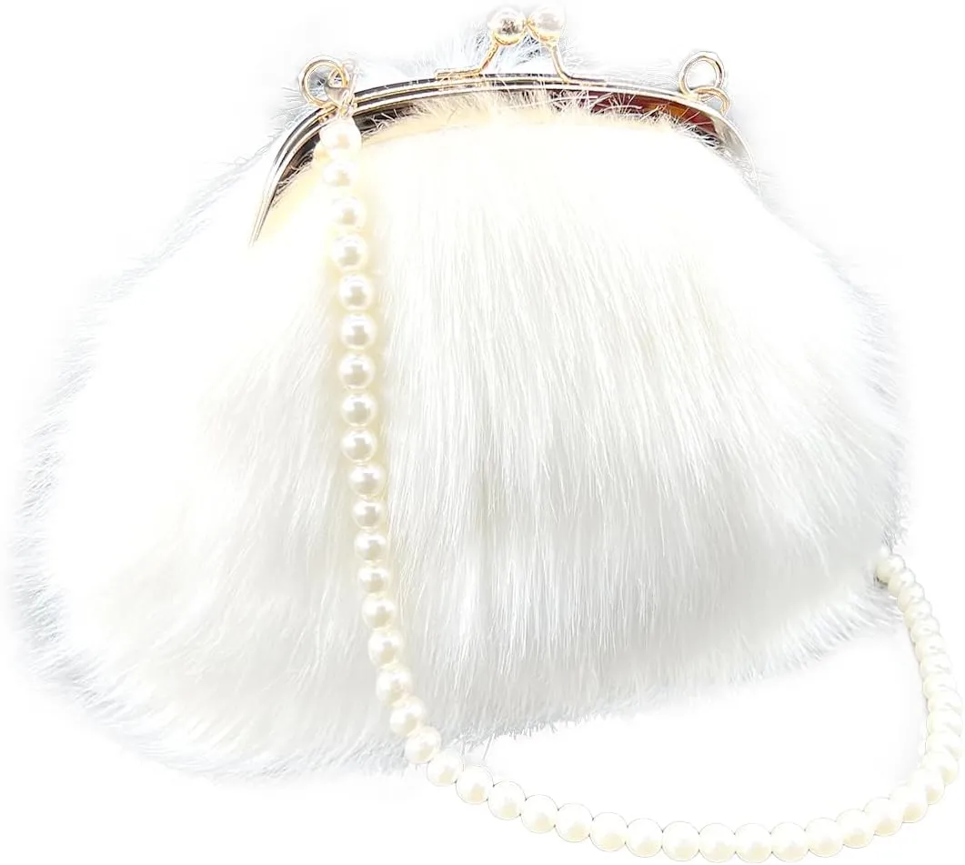 Pearl Chain StrapFaux Fur Evening Handbags Fuzzy Satchel Style Purse Fashion Clutch Handbag Shoulder Vintage Bags for Women