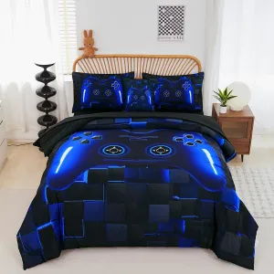 PERFEMET 6 Pieces Kids Game Comforter Set Full Size Blue Gamer Bedding Set for Boys Teen 3D Cool Black Video Gaming Bed in A Bag with Sheets(Blue, Full)