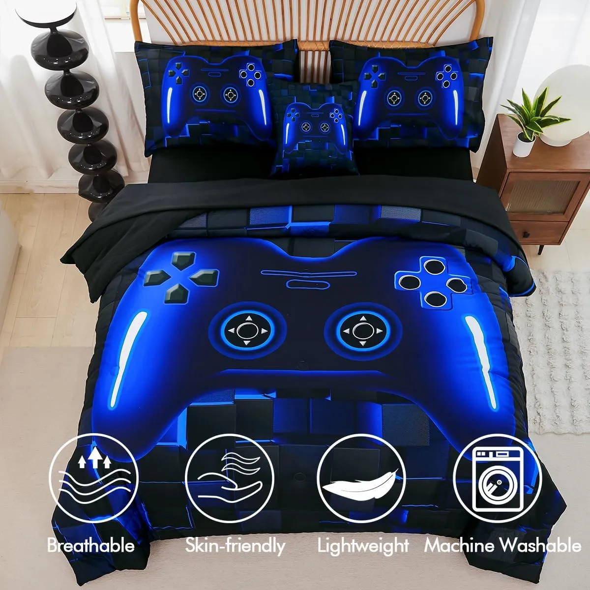 PERFEMET 6 Pieces Kids Game Comforter Set Full Size Blue Gamer Bedding Set for Boys Teen 3D Cool Black Video Gaming Bed in A Bag with Sheets(Blue, Full)