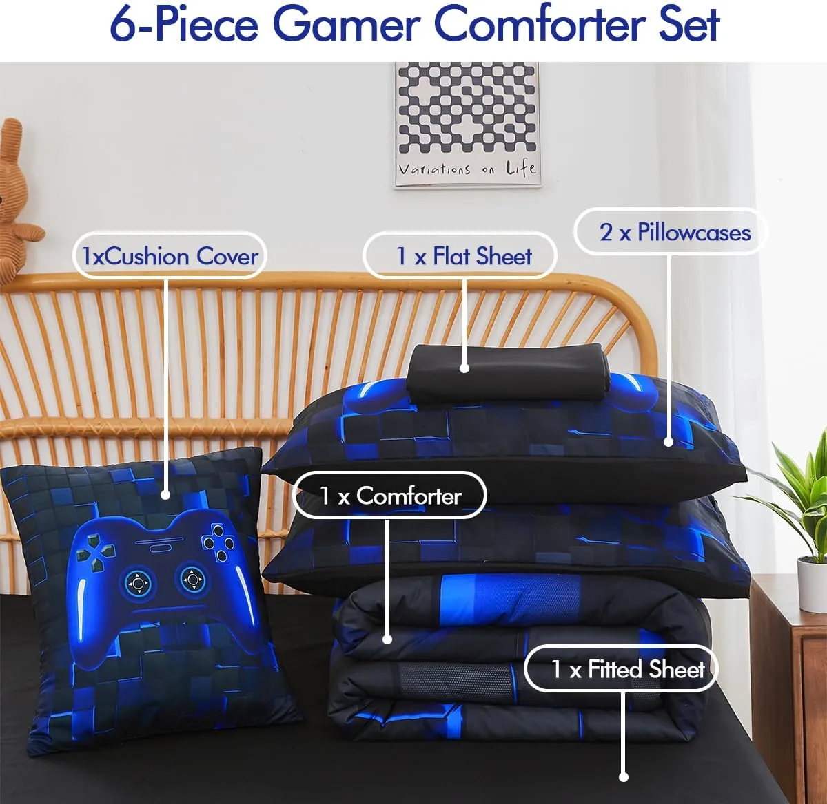 PERFEMET 6 Pieces Kids Game Comforter Set Full Size Blue Gamer Bedding Set for Boys Teen 3D Cool Black Video Gaming Bed in A Bag with Sheets(Blue, Full)