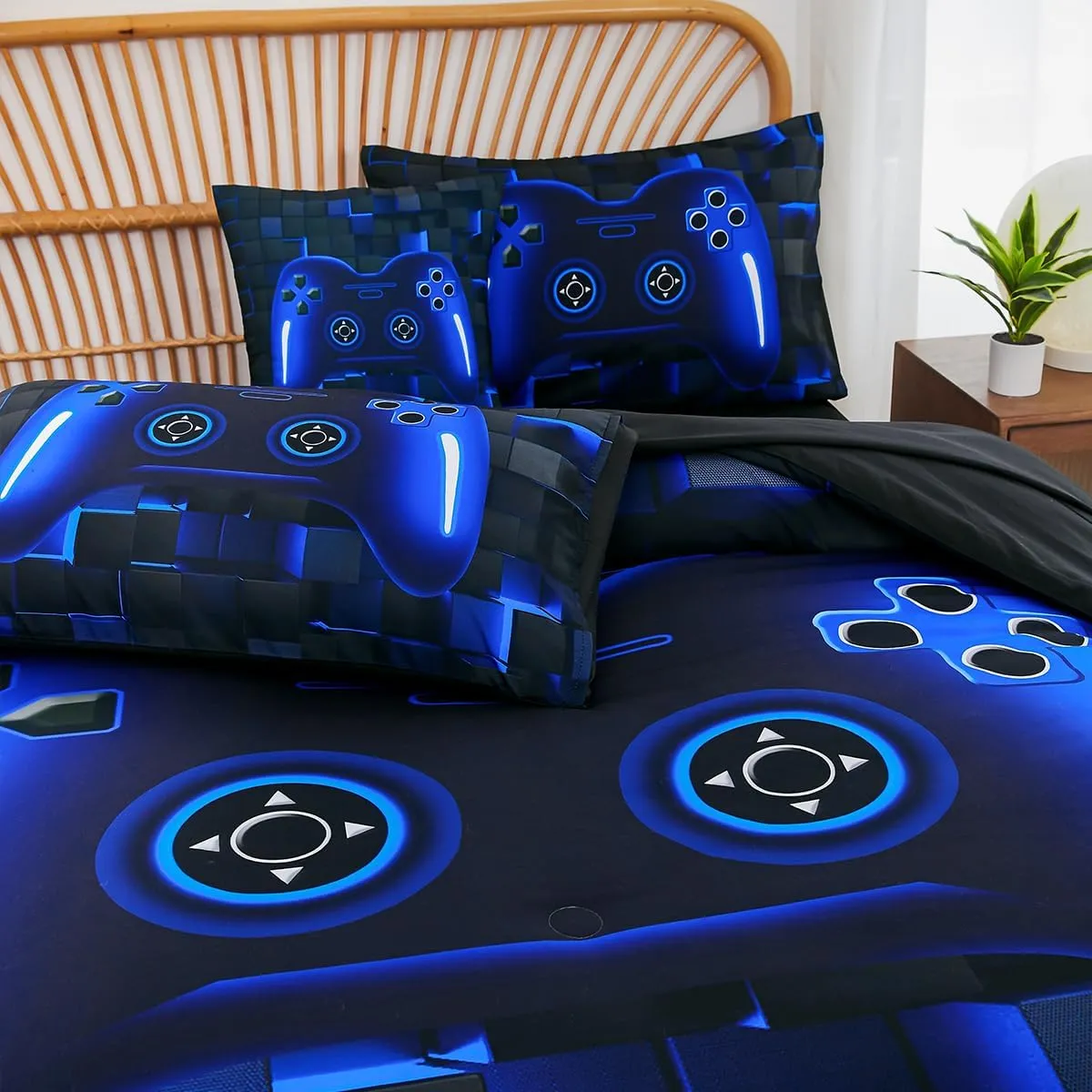 PERFEMET 6 Pieces Kids Game Comforter Set Full Size Blue Gamer Bedding Set for Boys Teen 3D Cool Black Video Gaming Bed in A Bag with Sheets(Blue, Full)