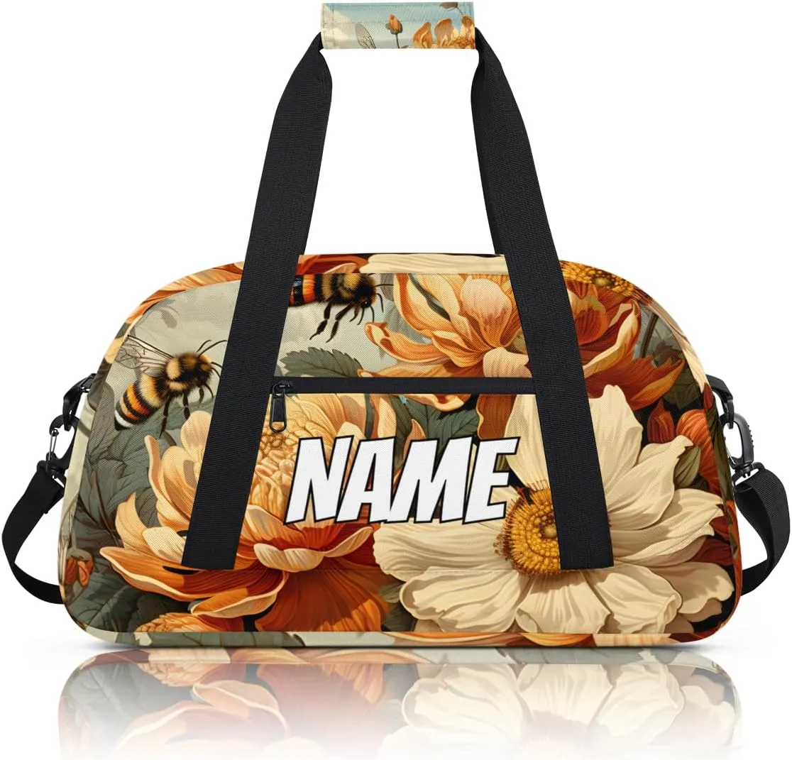 Personalized Custom Gym Bag for Women Men Carry on Blossom Floral Travel Duffel Tote Bees Nectar Overnight Workout Weekender Bag