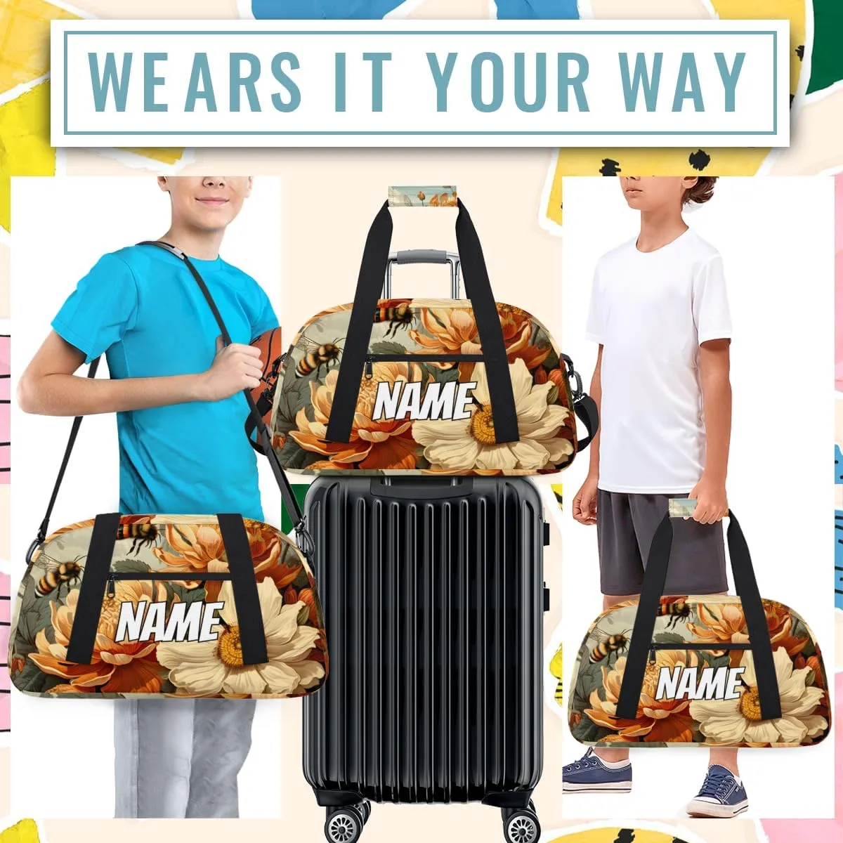 Personalized Custom Gym Bag for Women Men Carry on Blossom Floral Travel Duffel Tote Bees Nectar Overnight Workout Weekender Bag
