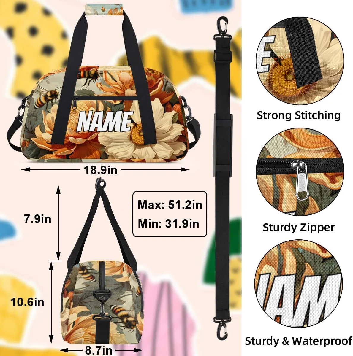 Personalized Custom Gym Bag for Women Men Carry on Blossom Floral Travel Duffel Tote Bees Nectar Overnight Workout Weekender Bag