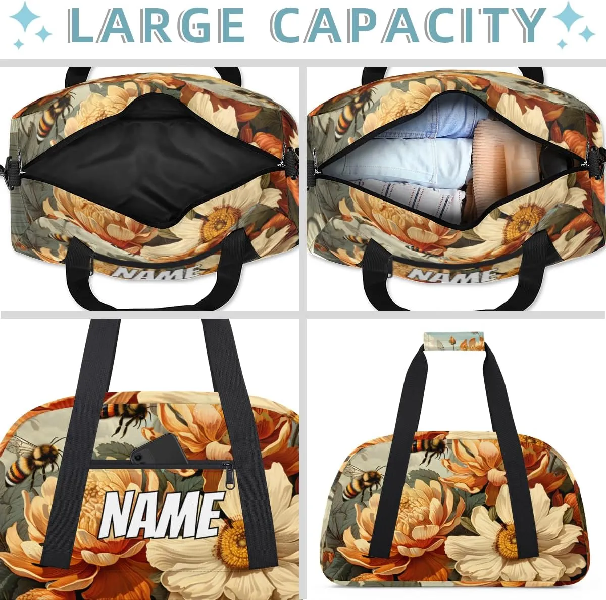 Personalized Custom Gym Bag for Women Men Carry on Blossom Floral Travel Duffel Tote Bees Nectar Overnight Workout Weekender Bag