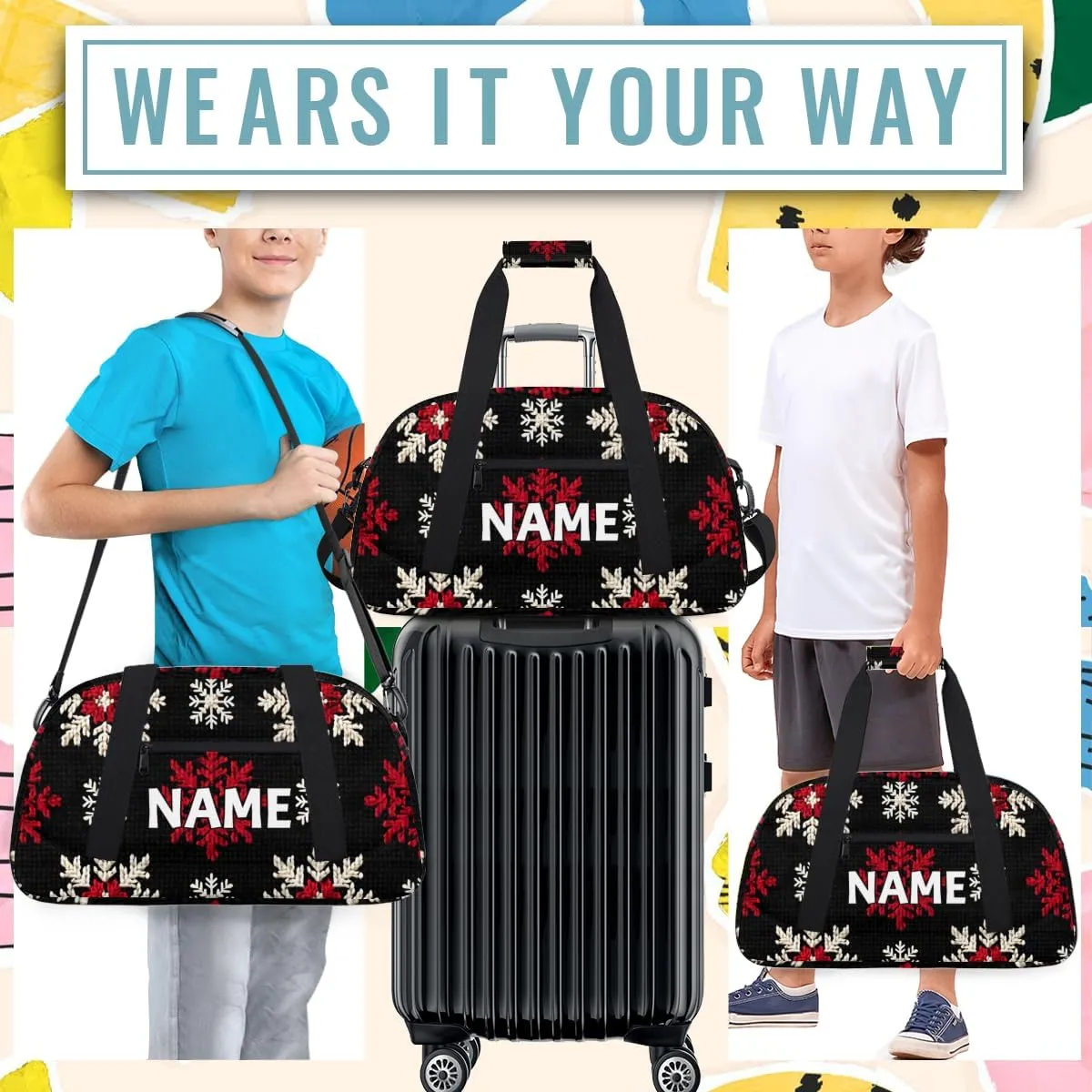 Personalized Custom Gym Bag for Women Men Carry on Christmas Day Travel Duffel Tote Red White Snowflake Overnight Workout Weekender Bag