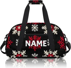 Personalized Custom Gym Bag for Women Men Carry on Christmas Day Travel Duffel Tote Red White Snowflake Overnight Workout Weekender Bag