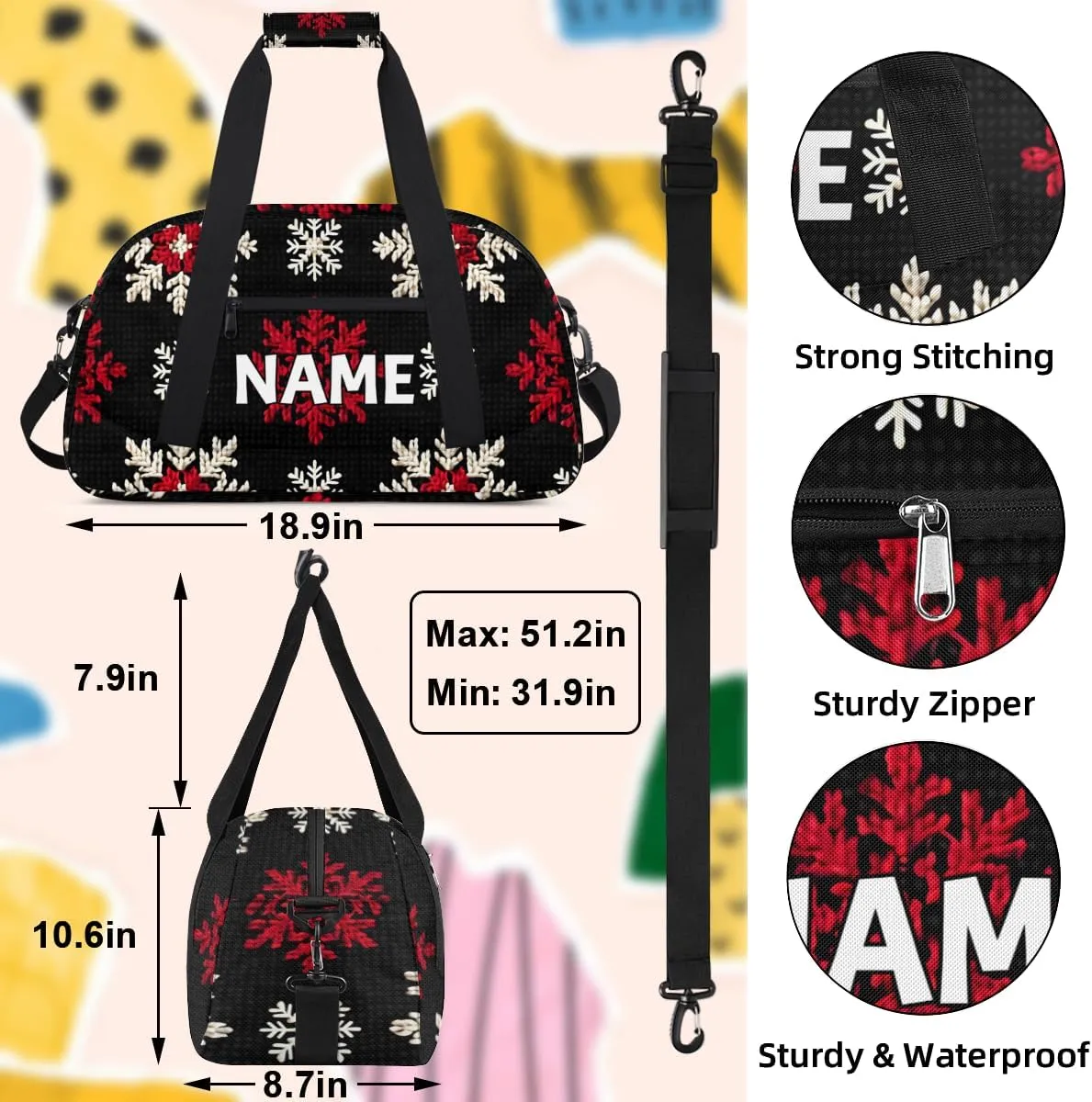 Personalized Custom Gym Bag for Women Men Carry on Christmas Day Travel Duffel Tote Red White Snowflake Overnight Workout Weekender Bag