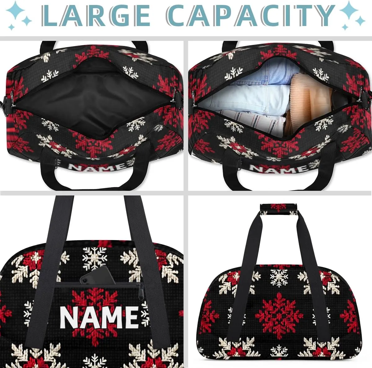 Personalized Custom Gym Bag for Women Men Carry on Christmas Day Travel Duffel Tote Red White Snowflake Overnight Workout Weekender Bag