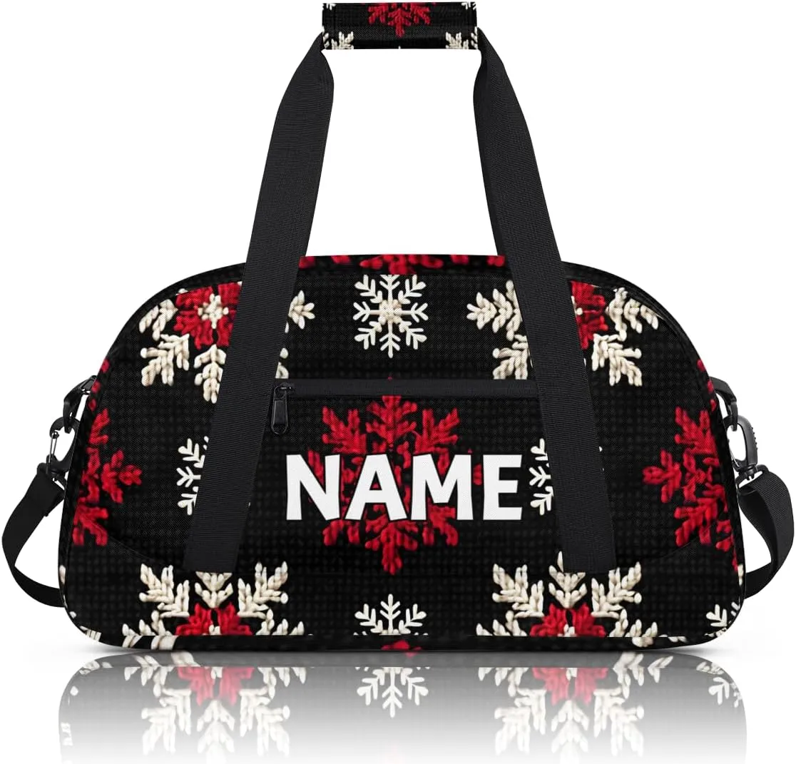 Personalized Custom Gym Bag for Women Men Carry on Christmas Day Travel Duffel Tote Red White Snowflake Overnight Workout Weekender Bag