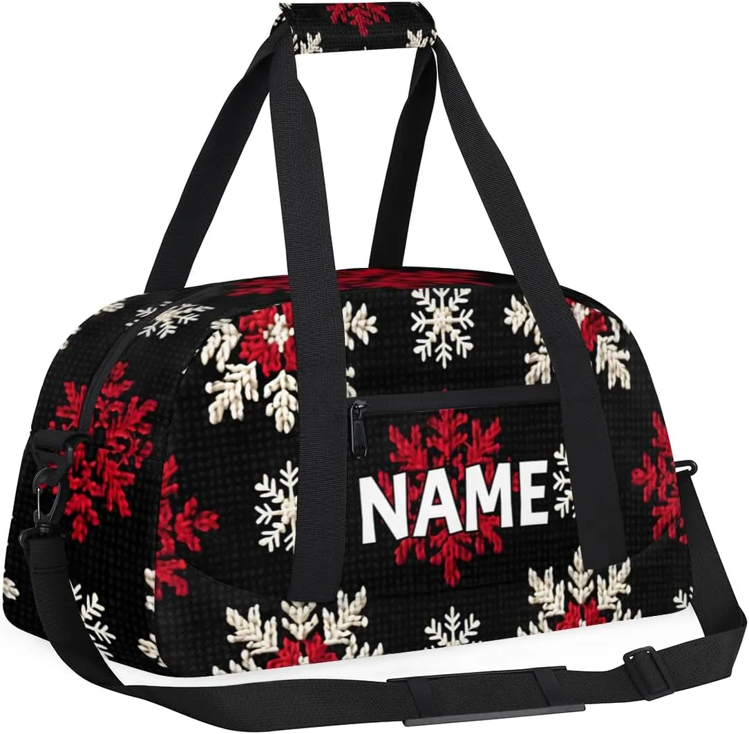 Personalized Custom Gym Bag for Women Men Carry on Christmas Day Travel Duffel Tote Red White Snowflake Overnight Workout Weekender Bag