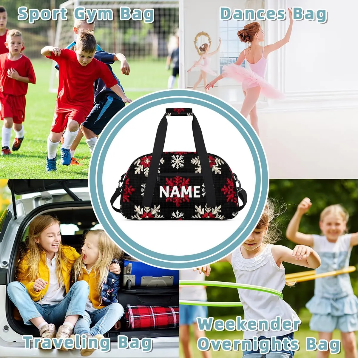 Personalized Custom Gym Bag for Women Men Carry on Christmas Day Travel Duffel Tote Red White Snowflake Overnight Workout Weekender Bag