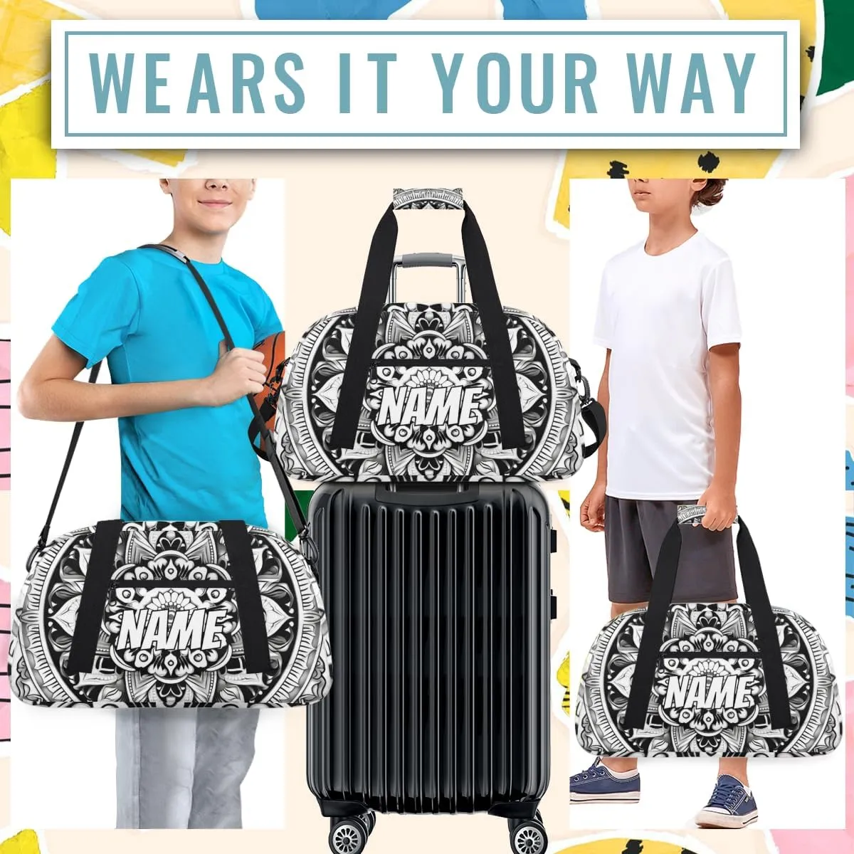 Personalized Custom Gym Bag for Women Men Carry on Tribe Aztec Travel Duffel Tote Black Geometric Overnight Workout Weekender Bag