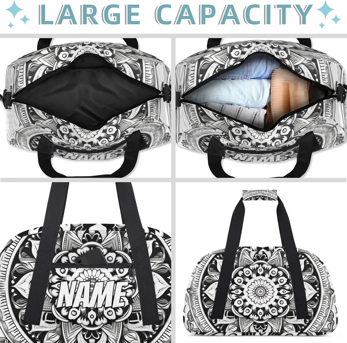Personalized Custom Gym Bag for Women Men Carry on Tribe Aztec Travel Duffel Tote Black Geometric Overnight Workout Weekender Bag