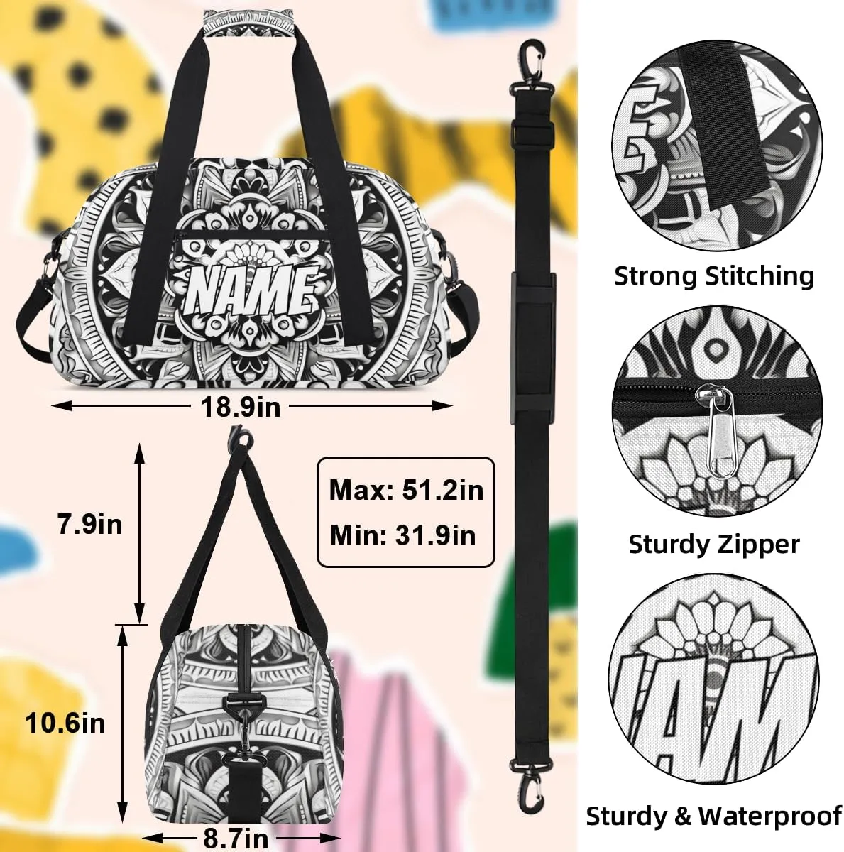 Personalized Custom Gym Bag for Women Men Carry on Tribe Aztec Travel Duffel Tote Black Geometric Overnight Workout Weekender Bag