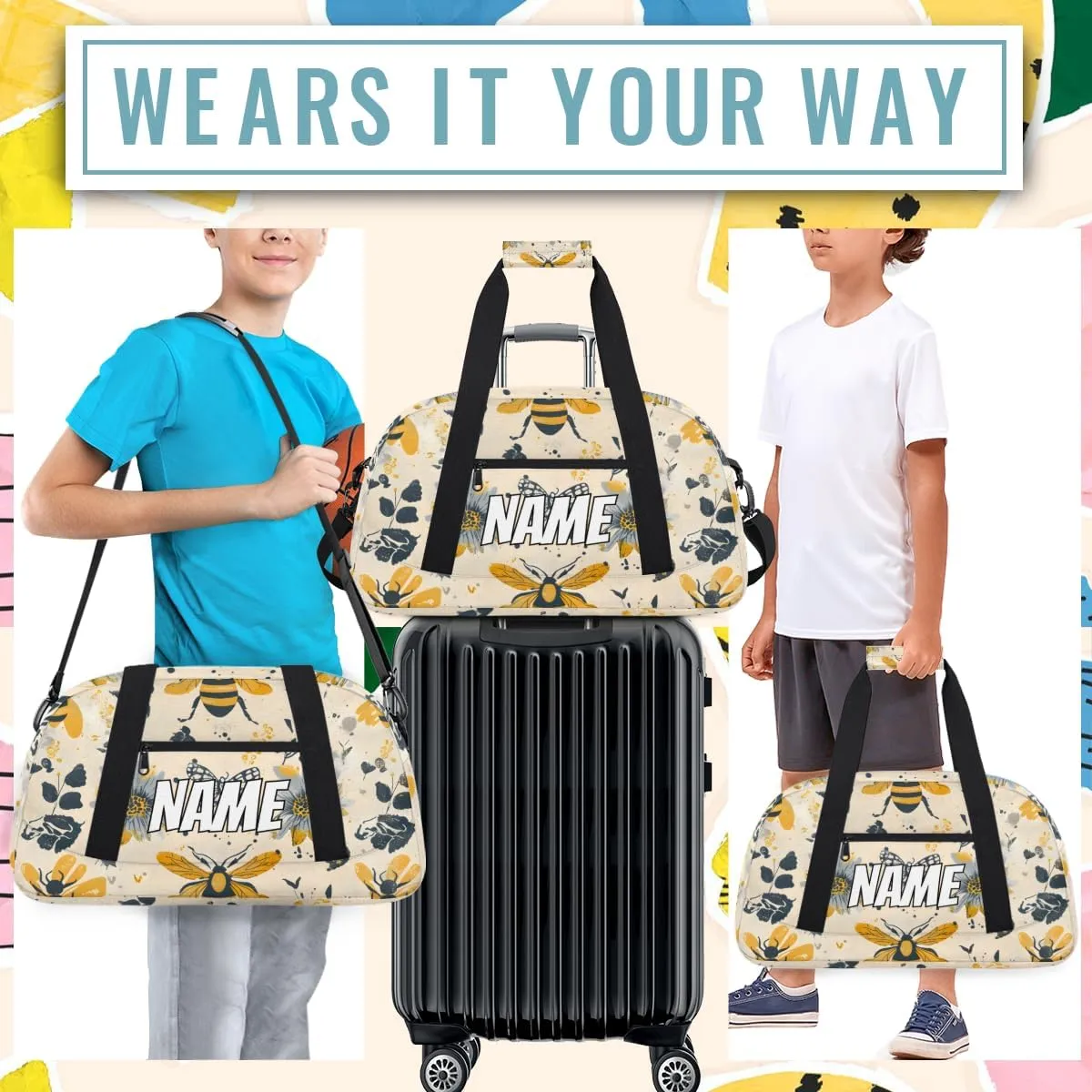 Personalized Custom Gym Bag for Women Men Carry on Yellow Bees Travel Duffel Tote Retro Floral Overnight Workout Weekender Bag