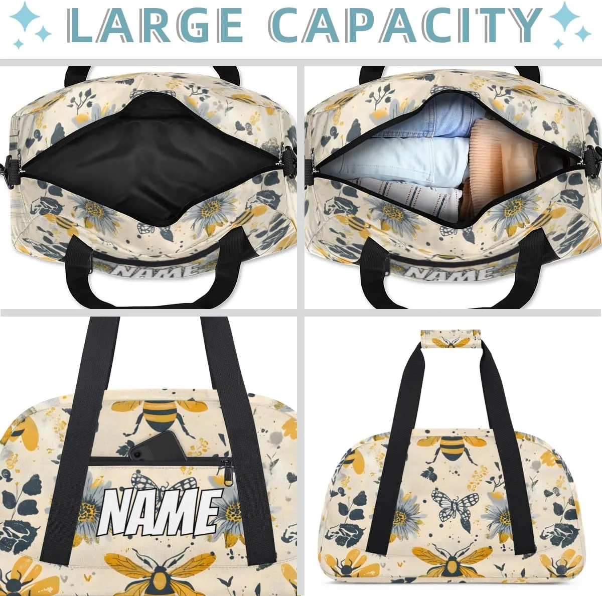 Personalized Custom Gym Bag for Women Men Carry on Yellow Bees Travel Duffel Tote Retro Floral Overnight Workout Weekender Bag