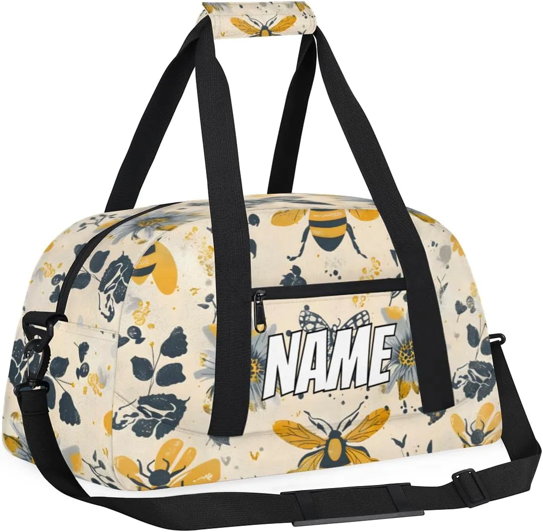 Personalized Custom Gym Bag for Women Men Carry on Yellow Bees Travel Duffel Tote Retro Floral Overnight Workout Weekender Bag