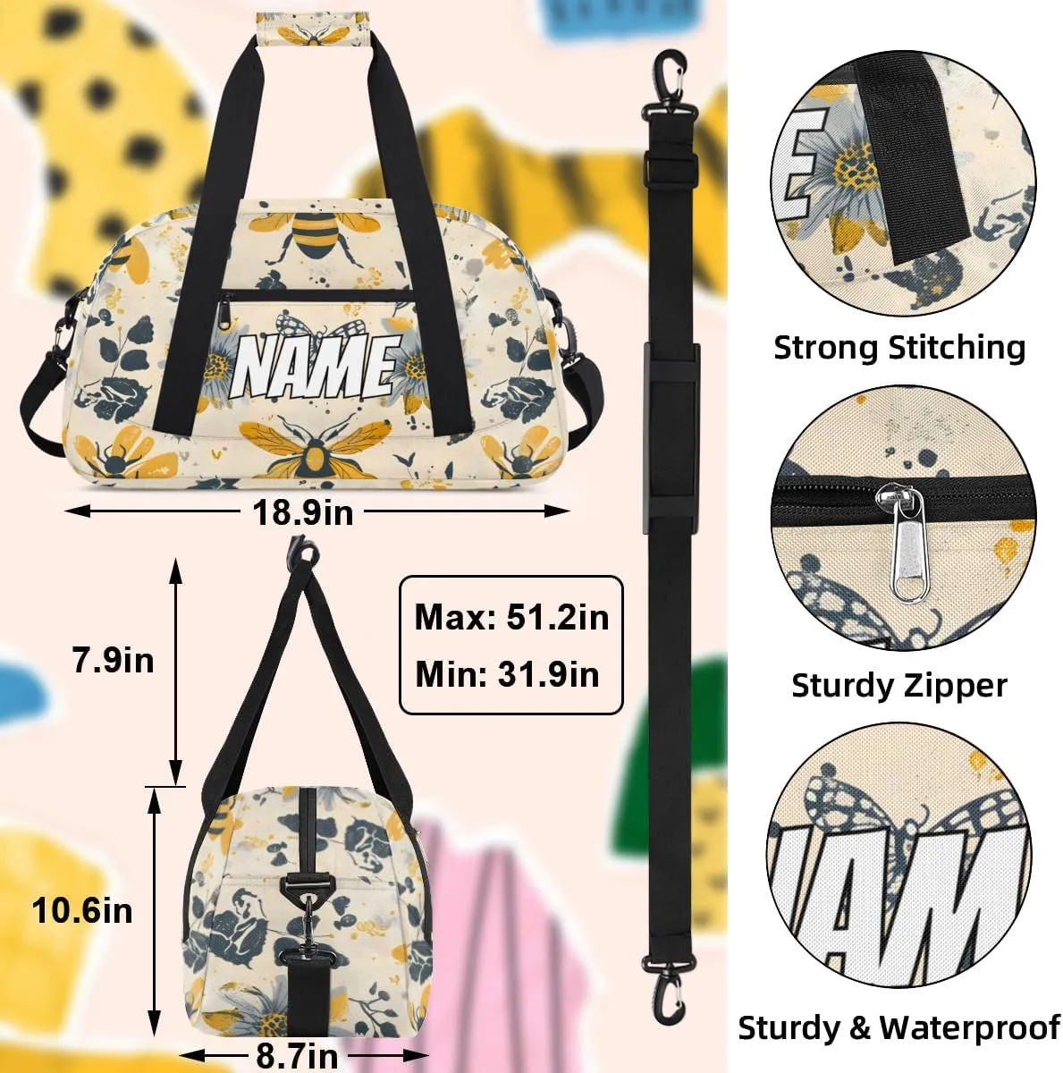 Personalized Custom Gym Bag for Women Men Carry on Yellow Bees Travel Duffel Tote Retro Floral Overnight Workout Weekender Bag