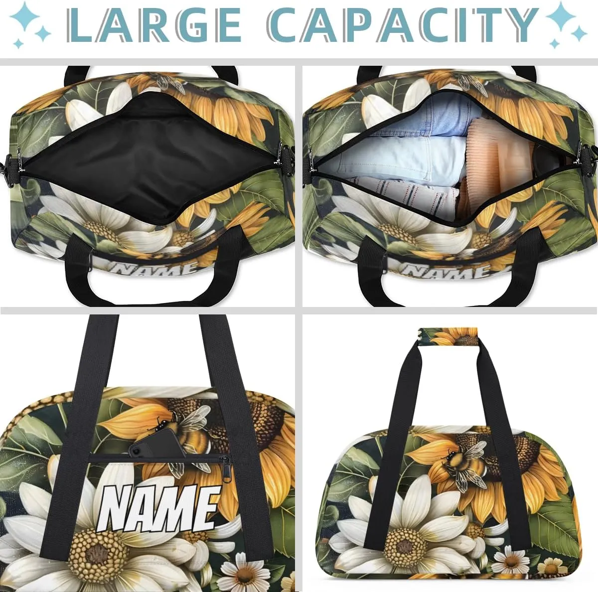 Personalized Custom Gym Bag for Women Men Carry on Yellow Sunflower Travel Duffel Tote Floral Bee Overnight Workout Weekender Bag