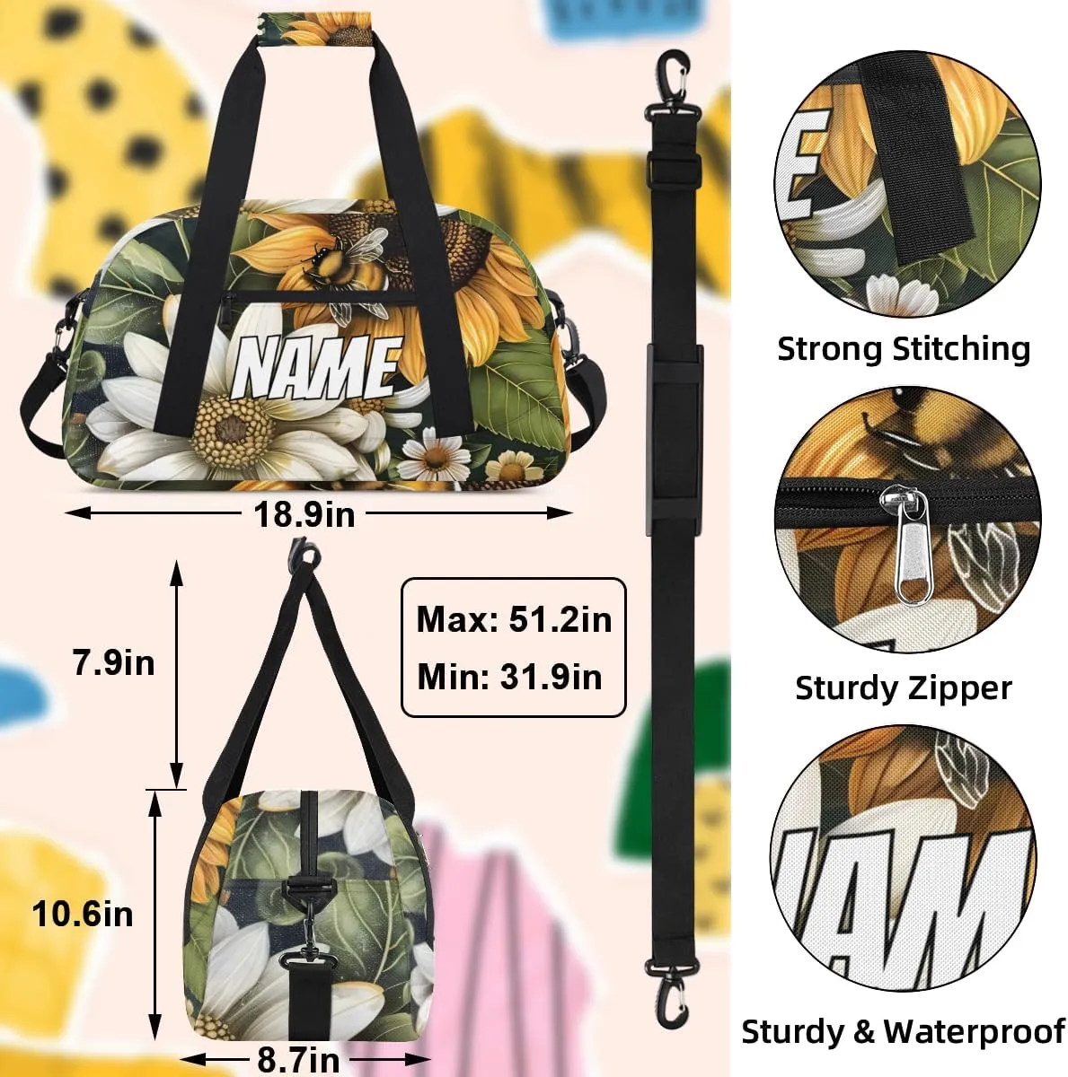 Personalized Custom Gym Bag for Women Men Carry on Yellow Sunflower Travel Duffel Tote Floral Bee Overnight Workout Weekender Bag
