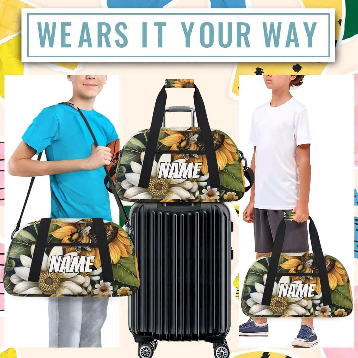 Personalized Custom Gym Bag for Women Men Carry on Yellow Sunflower Travel Duffel Tote Floral Bee Overnight Workout Weekender Bag