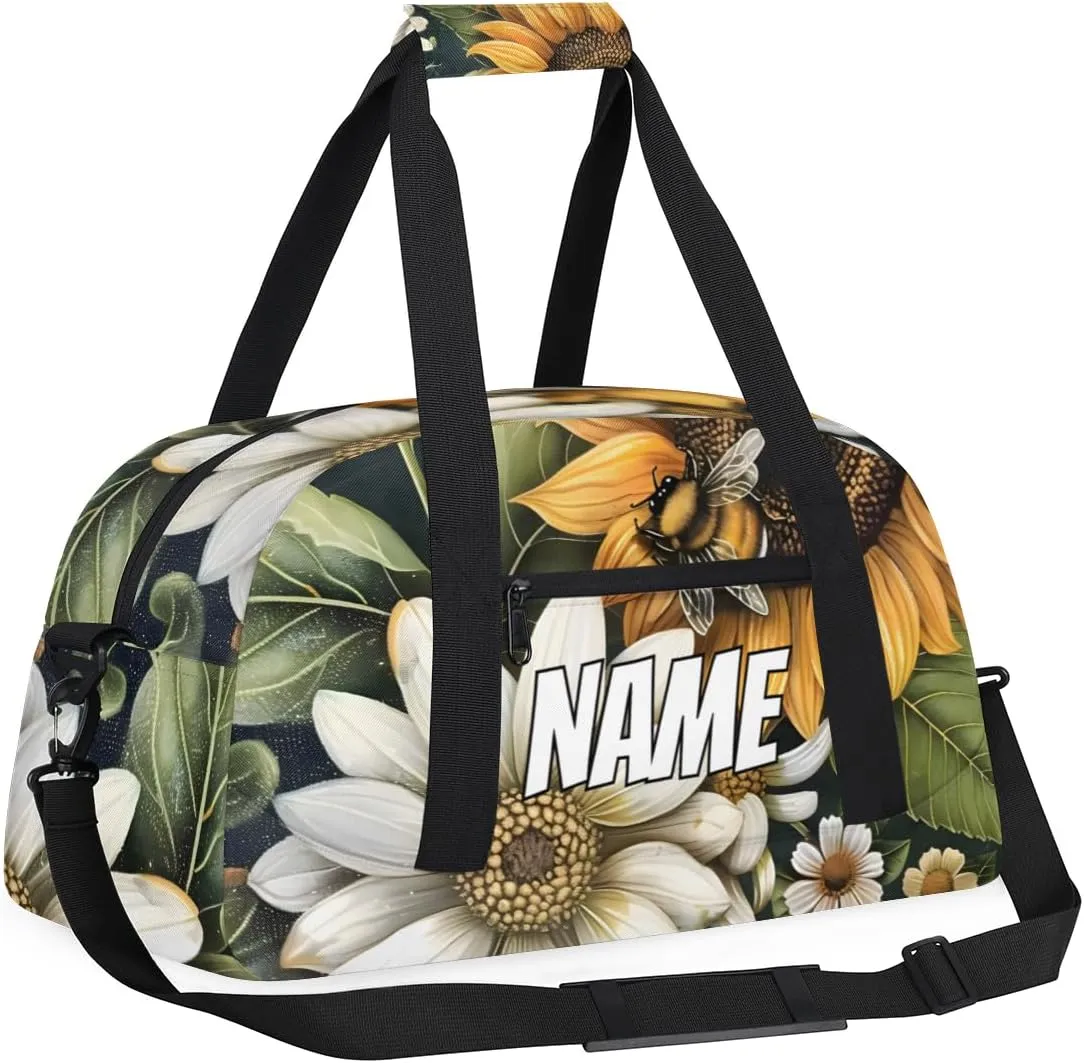 Personalized Custom Gym Bag for Women Men Carry on Yellow Sunflower Travel Duffel Tote Floral Bee Overnight Workout Weekender Bag