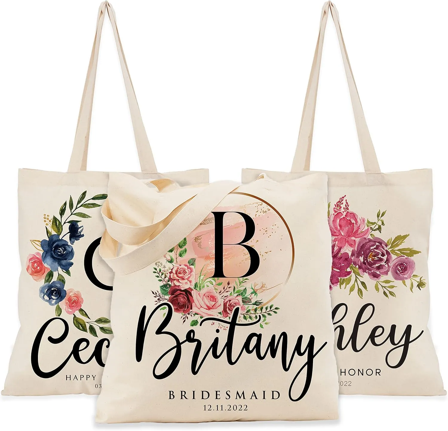 Personalized Floral Initial Tote Bags for Women – Custom Name Monogram Gift for Mom, Grandma, or Wife – Bridesmaid Wedding Shoulder Bag – Reusable Mother’s Day Gift Idea