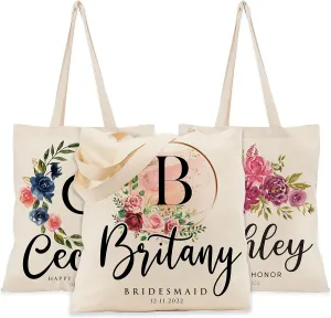 Personalized Floral Initial Tote Bags for Women – Custom Name Monogram Gift for Mom, Grandma, or Wife – Bridesmaid Wedding Shoulder Bag – Reusable Mother’s Day Gift Idea